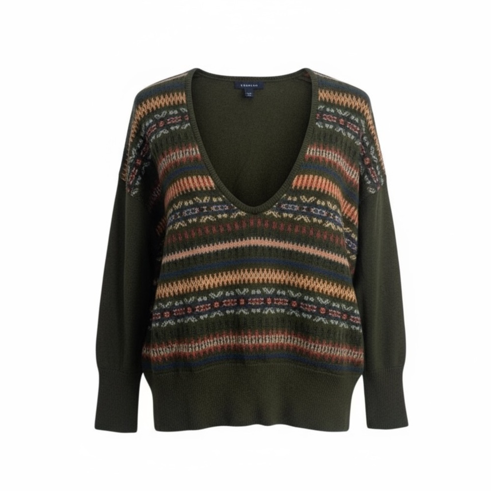 LANDS END Green Printed V-Neck Merino Wool Mohair Sweater Granpacore